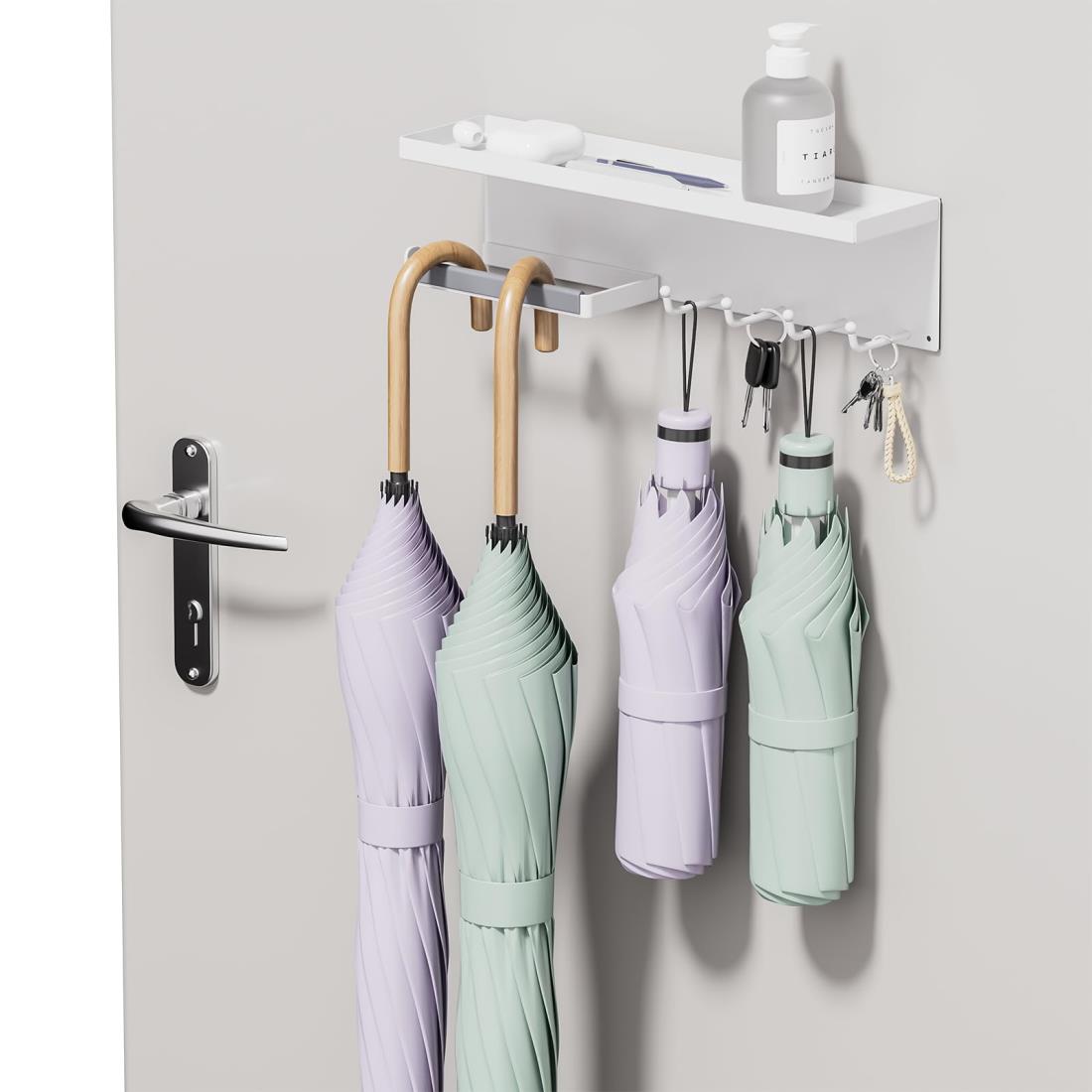 BOIVSHI マグネット 傘立て トレー付き 小物収納 アンブレラスタンド 玄関 ラック 傘掛け 玄関ドア用 玄関収納 スリム ホワイト トレー付き設計