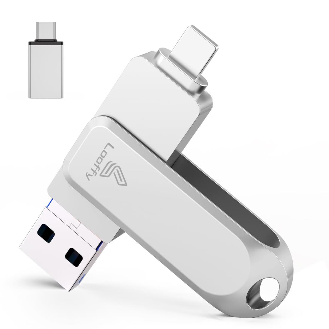 【アプリ不要】4in1 i Phone対応 USBメモリ 128GB iPad対応 usbメモリー USB3.0 高速 データ バックアップ iOS/USB/Type-C/Micro USB搭載 外付け usb 写真保存 Phone/iPad/PC/Android/Mac対応 回転式 シルバー Phone 15 Pro /14 /13 /11 /XR/iPad Pro/Airなど対応