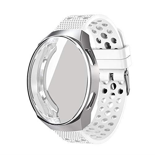 Lamshaw for HUAWEI Watch GT2e ケース 付けバンド, TPU ケース カバー + スポーツ シリコン 交換バンド ベルト 対応 HUAWEI Watch GT2e 46mm (シルバー ケース+白い バンド)