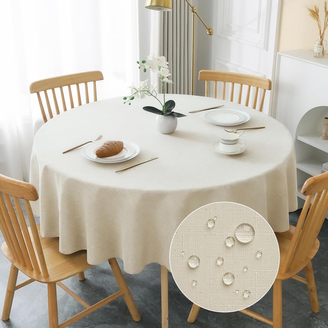 AooHome テーブルクロス 丸 撥水 汚れ防止 円型 おしゃれ シンプル テーブルカバー リネン類 耐熱 速乾 丸洗い お手入れ簡単 業務用・家庭用 ベージュ 直径120cm