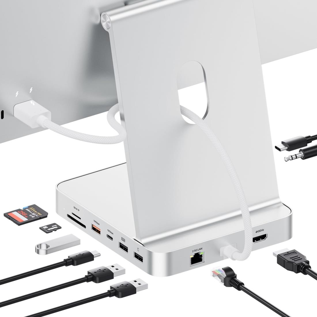 PULWTOP 11 in 1 USB C ハブ iMac 24インチ 2021 2023 2024用 iMac M1 M3 M4 アクセサリー USB Hub ハブ HDMI 4K, 2.5G イーサネット, M.2 SSD拡張 (SSD含まない), USB-C/A 3.2, USB C 2.0 ＆ 7.5W出力, 2 x USB A 2.0, SD/TF, 3.5mmジャック (シルバー)