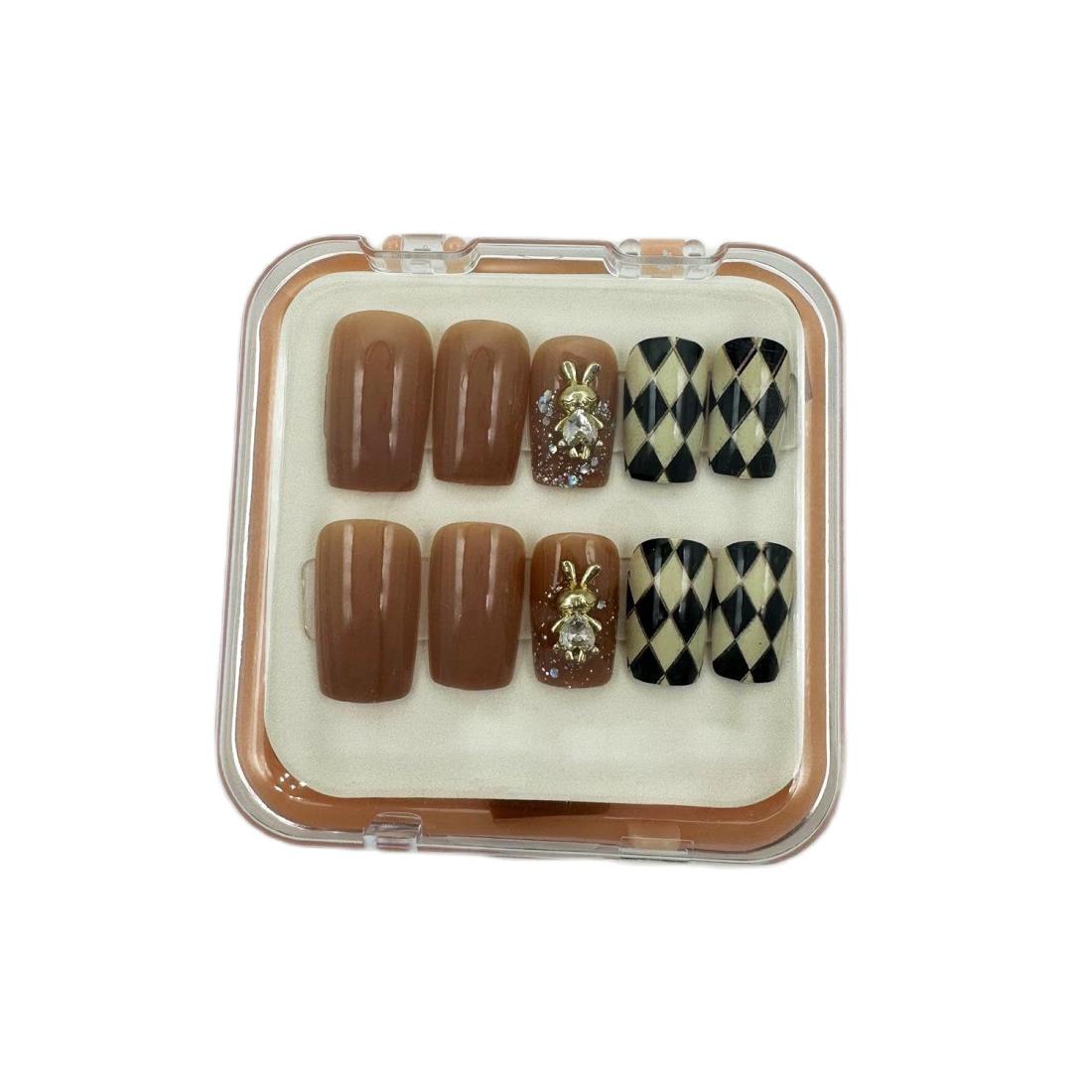 mallnoo 24枚セット ミディアムロング チェック柄フェイクネイル