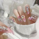 24枚入り ネイルチップ リボンの装飾 ラインストーンビジュー 优しい大人女性のピンクネイル