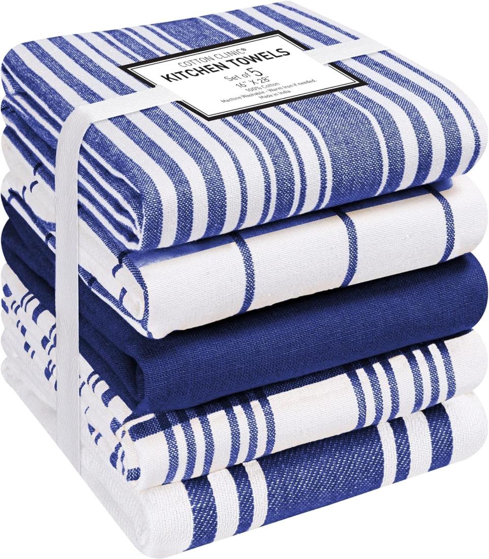Cotton Clinic 5枚 コットン キッチンクロス 40x70, 綿100％ 大判 ティータオル キッチンタオル, キッチン布巾, ディッシュクロス, Cotton Kitchen Cloths Kitchen Dish Towels Dish Cloths (ネイビーブルーホワイト。)