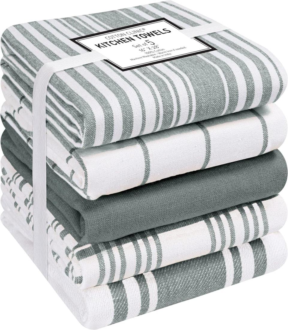 Cotton Clinic 5枚 コットン キッチンクロス 40x70, 綿100％ 大判 ティータオル キッチンタオル, キッチン布巾, ディッシュクロス, Cotton Kitchen Cloths Kitchen Dish Towels Dish Cloths (ホワイト グレー)