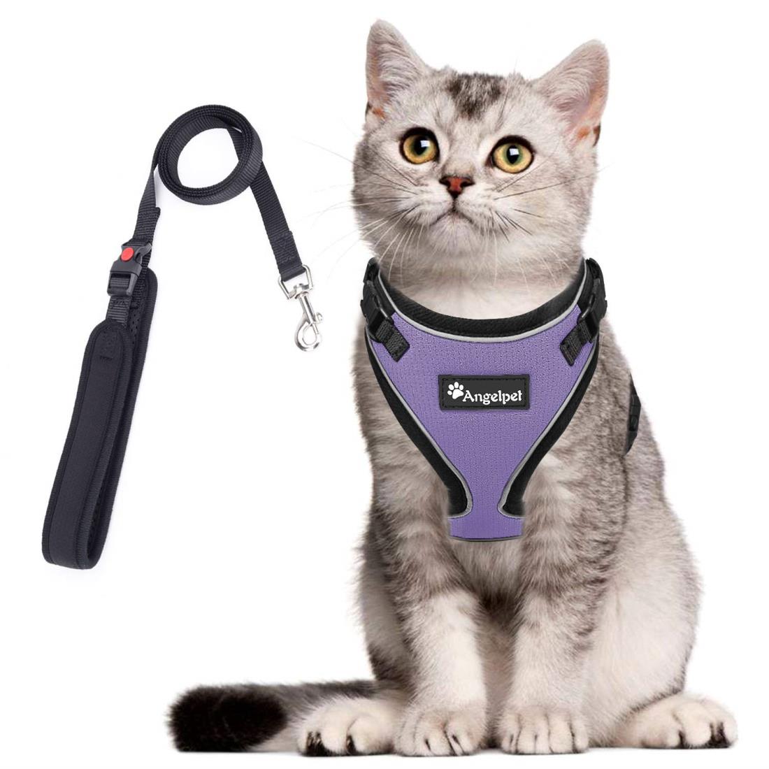 猫 猫用 ハーネス 胴輪 猫具 ねこ ネコ 子猫 子犬 小型犬 散歩 お出かけ 抜けない ベスト ソフト胸あて 軽量 頭を通さずマジックテープで装着 サイズ調節可 夜反射 通気メッシュ (XSサイズ (x 1), ライトパープル)