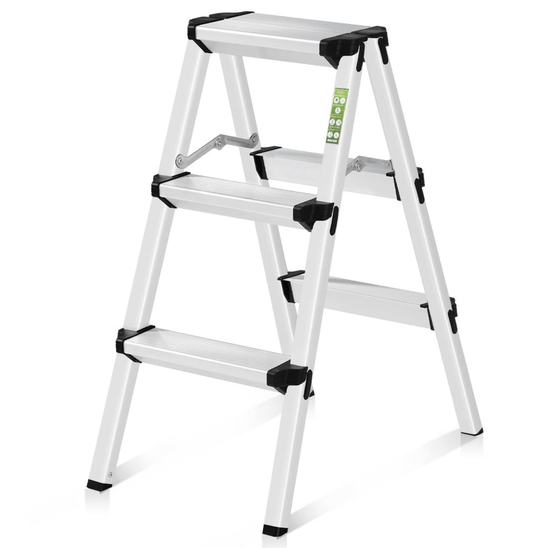 RIKADE 脚立3段 梯子 アルミ 脚立 折りたたみ ミニ 軽量 きゃたつ 踏み台 軽量 安全 ステップ アルミ 三段 脚立 折りたたみステップ 耐荷重150KG 滑り止め付き ステップ台（シルバー三段）