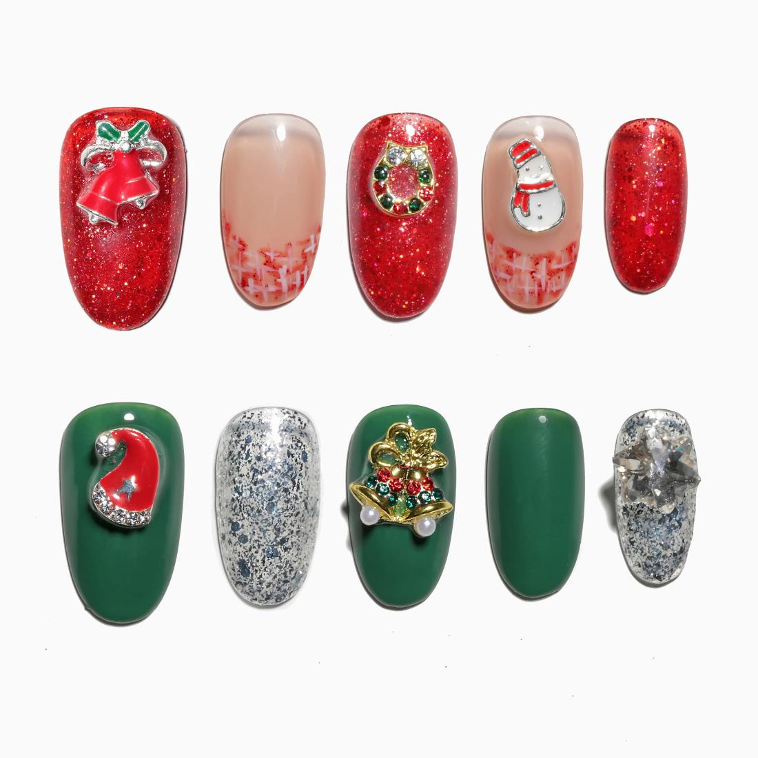 Sun＆Beam Nails 手作り ネイルチップ ミディアム ロング ラウンド オーバル レッド グリーン つけ爪 ク リ ス マ ス デザイン おしゃれ 付け爪 10枚入 (#142 M)