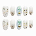 Sun&Beam Nails 手作り ネイルチップ ミディアム ロング ラウンド オーバル ゴールド ホワイト つけ爪 ク リ ス マ ス デザイン おしゃれ 付け爪 10枚入 (#141 L)
