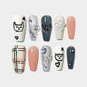 Sun&Beam Nails 手作り ネイルチップ ミディアム ロング コフィン バレリーナ 白 ピンク つけ爪 手描き 猫 犬 デザイン おしゃれ 付け爪 10枚入 (#150 M)