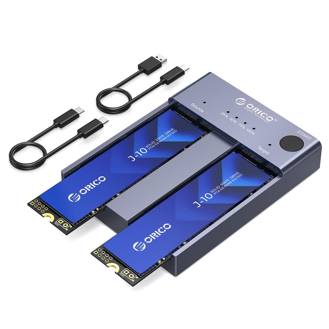 【クローン機能】ORICO USB-C NVME M.2 SSDケース 2ベイ コピー機能付 USB3.1 外付けケース M-Key / B＆M Key（Nvmeのみ）に対応 USB 3.1 Gen2 10Gbps UASPサポート 2230/2242/2260/2280 SSD対応 M.5 SSD 変換アダプタ エンクロージャ ケース グレー M2P2-C3-C