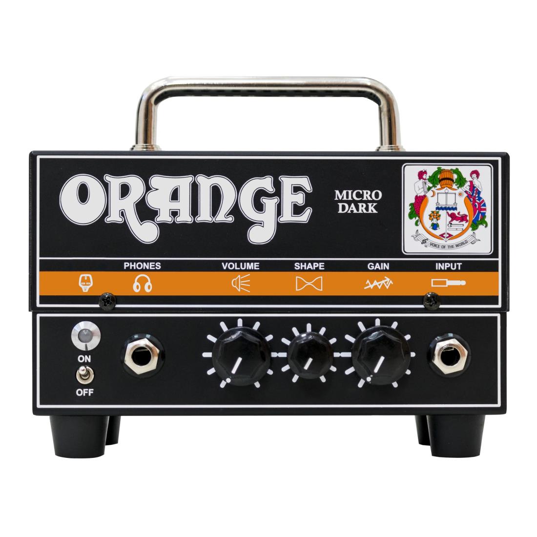 サイズ：9.5奥行き x 16.5幅 x 13.5高さ cm◆商品名：ORANGE Micro Dark 20 Valve Hybrid Guitar Amp Head ギターアンプヘッド MICRO DARK 20 BlackFeatures:Single channel valve/solid state hybrid amp head, high gain preamp, Shape control, fully buffered effects loop and CabSim-loaded Headphone outputControls:Gain, Shape, VolumeFinish Options:Matte Black high tensile steelOutput Power:20 Watts max.Unboxed Weight: 14.4Kg片手でつかめ、重さ1Kg以下という超小型サイズながら驚きのディストーションと音量を持つモデル。 キャビネット、【PPC108】と組み合わせればプラクティスアンプとして、またスタジオでのマイク録りに最適。 また大型なキャビネットと合わせればその音圧に驚くことでしょう。 ヘッドフォン使用時にもキャビネットシミュレーションにより本格的なサウンドをいつでも、どこでも楽しめます。 エフェクトループも搭載。