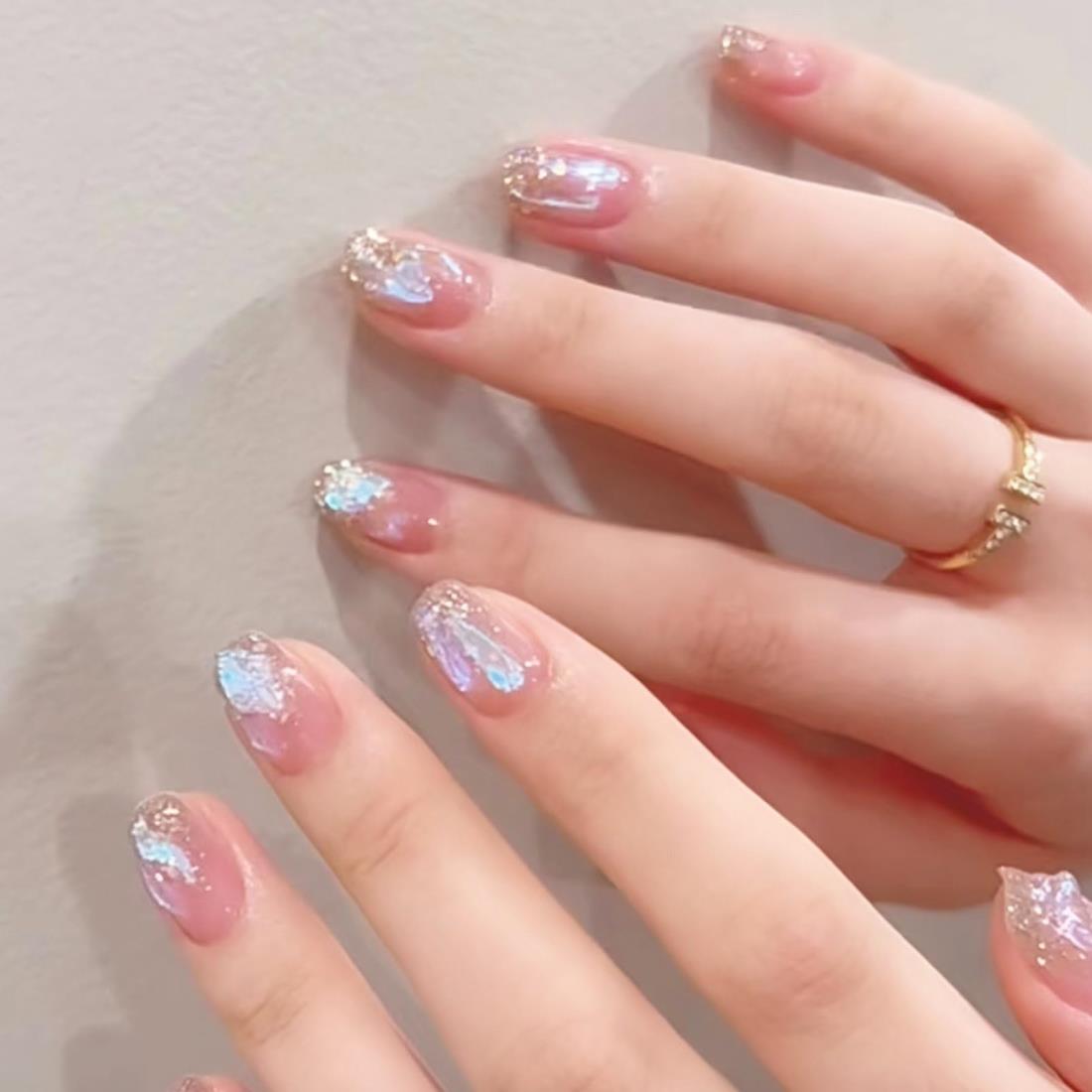 Fuyunohi ネイルチップ ショート ピンク 付け爪 24枚セット キラキラ ネイル チップ 短め 元気 可愛い ..