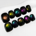 Sun&Beam Nails 手作り ネイルチップ ショート ラウンド つけ爪 黒 カラフル キャットアイ 人気 おしゃれ 可愛い 付け爪 10枚入 (#91 ...