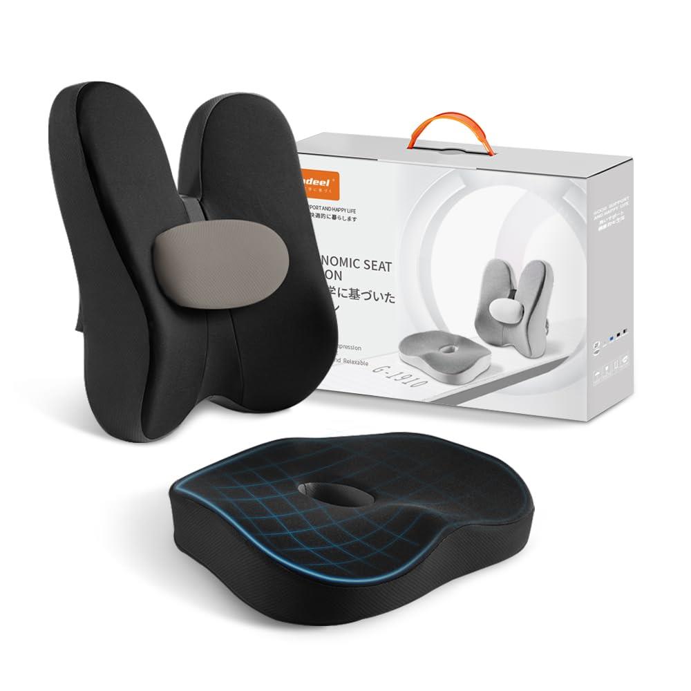 Gadeel 低反発 座布団&腰クッション 2点セット 人間工学 ランバーサポート オフ ィスチェアクッションのコンボ 腰痛防止 中空設計 背もたれ お尻クッシ...