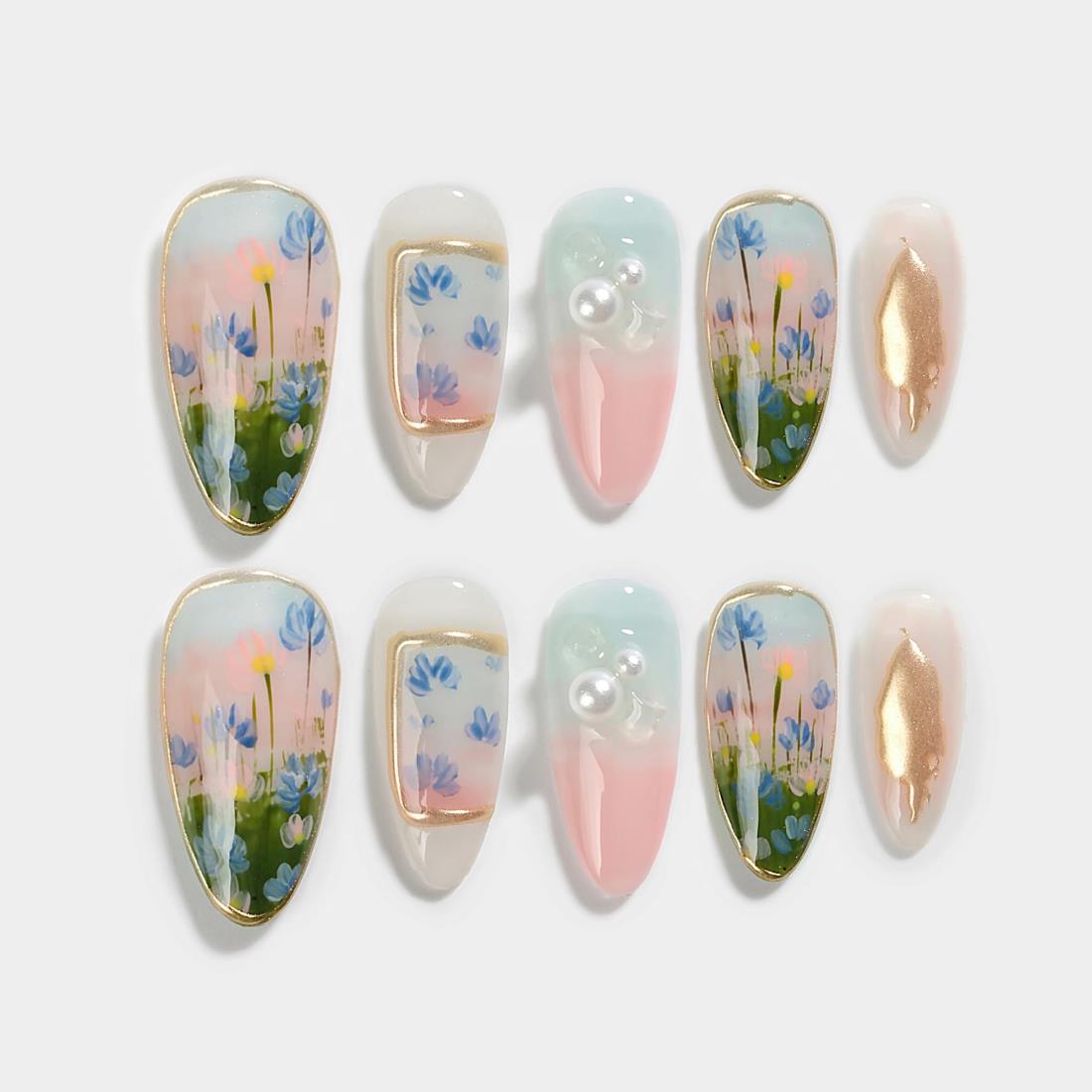 Sun&Beam Nails 手作り ネイルチップ ミディアム ロング アーモンド ホワイト ゴールド グリーン カラフル つけ爪 手描き デザイン おしゃれ 付け爪 10枚入 (#017 M)
