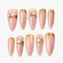 Sun&Beam Nails 手作り ネイルチップ ロング アーモンド スティレット つけ爪 肌色 ゴールド レトロ デザイン 人気 おしゃれ 可愛い 付け爪 10枚入 (#103 L)