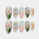 Sun&Beam Nails 手作り ネイルチップ ミディアム ロング アーモンド ホワイト ゴールド グリーン カラフル つけ爪 手描き デザイン おしゃれ 付け爪 10枚入 (#017 XS)