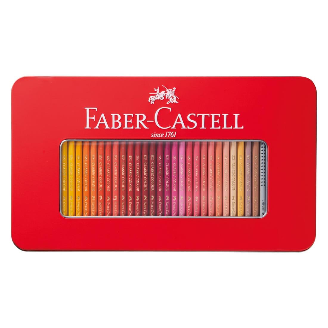 スタイル：100色セット◆商品名：ファーバーカステル 色鉛筆 100色セット 27191106100色セット本体サイズ：20×34×3.5cmパッケージ重量：1095g原産国：インドネシア共和国ファーバーカステル伝統の、クラシックな絵柄の缶に入った色鉛筆セットです。直径3.3mmの太さの芯は、SV製法により芯が折れにくい構造になっています。軸部分に名前の書き込めるスペースがあるので、学校などでのご使用に便利です。柔らかな描き味の色鉛筆です。色鉛筆の先端を使用すれば細部まで塗り込みができ、色鉛筆を寝かせて描くことで広い面も塗ることができます。ファーバーカステルは1761年ドイツのニュルンベルク近郊のシュタインで生まれた、鉛筆生産量世界最大級のブランドです。【セット内容】100色セット・本体サイズ：20×34×3.5cm