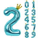 Lausatek バルーン 数字 風船 誕生日 40インチ 大きい ナンバー2 王冠付き クラウン バースデー 飾り付け パーティー 記念日 結婚式 男の子 女の子 約100cm 青緑 ブルー
