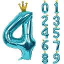 Lausatek バルーン 数字 風船 誕生日 40インチ 大きい ナンバー4 王冠付き クラウン バースデー 飾り付け パーティー 記念日 結婚式 男の子 女の子 約100cm 青緑 ブルー