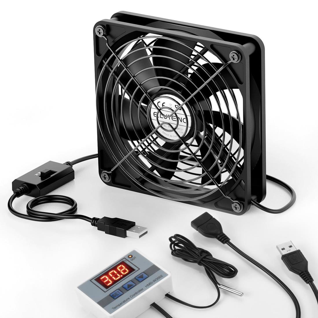 ELUTENG USBファン 14cm 温度コントロー ラー付き 冷却ファン 1500RPM USB扇風機 ミニ自動制御温度計 3..