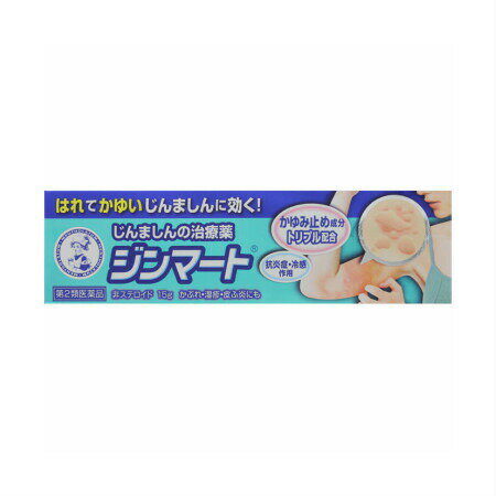 商品情報■　特徴じんましんは疲れやストレス、温度変化、衣類の締め付けなど様々な刺激や要因で発生し、はれや赤みを伴ったつらいかゆみが広がっていきます。 肌にかゆみを感じ、かくとかゆみが広がる 疲れたなと思っていたら、なんだか肌がかゆくなってきた 夜布団に入ると、はれとかゆみで眠れない 何らかの刺激でマスト細胞からヒスタミン等が放出され、我慢できないかゆみ・はれ・赤みが起きる （ジンマートは、腫れてかゆいじんましんに多角的アプローチ！） 1.3つのかゆみ止め成分が広がるかゆみに効く！ 2.冷感・収れん・抗炎症作用で赤くはれた皮ふをスーッと鎮める。 3つのかゆみ止め成分 ■ジフェンヒドラミン塩酸塩 かゆみの原因物質「ヒスタミン」の働きをブロックし、かゆみを止めます。 ■リドカイン かゆみ神経の働きを弱めます。 ■クロタミトン 温感神経に働き、かゆみを素早く鎮めます。 冷感・収れん・抗炎症成分 ■l-メントール 清涼感を与え、かゆみを鎮めます。 ■酸化亜鉛 患部を収れんし、はれを抑えます。 ■グリチルリチン酸二カリウム 患部の炎症を抑えます。■　使用上の注意■■してはいけないこと■■ (守らないと現在の症状が悪化したり、副作用が起こりやすくなる。) 1.次の部位には使用しないでください。 (1)目や目の周囲、口唇などの粘膜の部分等 (2)傷のあるところ ■■相談すること■■ 1.次の人は使用前に医師、薬剤師または登録販売者にご相談ください。 (1)医師の治療を受けている人 (2)薬などによりアレルギー症状を起こしたことがある人 (3)湿潤やただれのひどい人 2.使用後、次の症状があらわれた場合は副作用の可能性があるので、直ちに使用を 中止し、この説明書を持って医師、薬剤師または登録販売者にご相談ください。 〔関係部位〕 〔症 状〕 皮ふ : 発疹・発赤、かゆみ、はれ、かぶれ、乾燥感、刺激感、熱 感、ヒリヒリ感 3.5~6日間使用しても症状がよくならない場合は使用を中止し、この説明書を持 って医師、薬剤師または登録販売者にご相談ください。 ■　効能・効果じんましん、かゆみ、かぶれ、湿疹、皮ふ炎、ただれ、あせも、しもやけ、虫さされ ■　用法・用量1日数回、適量を患部にぬってください。 ＜用法・用量に関連する注意＞ (1)目に入らないようご注意ください。万一、目に入った場合には、すぐに水また はぬるま湯で洗ってください。なお、症状が重い場合には、眼科医の診療を受 けてください。 (2)小児に使用させる場合には、保護者の指導監督のもとに使用させてください。 (3)外用にのみご使用ください。 ■　成分・分量(1g中) 成分:ジフェンヒドラミン塩酸塩 分量:20mg 成分:クロタミトン 分量:50mg 成分:リドカイン 分量:20mg 成分:l-メントール 分量:20mg 成分:酸化亜鉛 分量:30mg 成分:グリチルリチン酸二カリウム 分量:1mg 添加物として、グリセリン、ワセリン、セタノール、 ポリオキシエチレンセチルエーテル、パルミチン酸イソプロピル、 マイクロクリスタリンワックス、ステアリン酸グリセリン、流動パラフィン、 ヒドロキシエチルセルロース、ステアリルアルコール、ベヘニルアルコール、 ジメチルポリシロキサン、パラベン、エデト酸Na、pH調整剤を含有する。 〔ステロイド成分は配合しておりません。〕 ■　保管及び取扱いの注意(1)直射日光の当たらない、涼しいところに密栓して保管してください。 (2)小児の手の届かないところに保管してください。 (3)他の容器に入れ替えないでください。(誤用の原因になったり品質が変わる) (4)使用期限(外箱に記載)を過ぎた製品は使用しないでください。なお、使用期 限内であっても、一度開封した後はなるべく早くご使用ください。 ■　お問い合わせ先この商品をお使いになってのご意見・ご要望、またご不満な点などをお聞かせいただ けませんか。「あなたに応えたい」サポートデスクです。 ロート製薬株式会社 お客さま安心サポートデスク 大阪市生野区巽西1-8-1 東京:03-5442-6020 大阪:06-6758-1230 9:00~18:00(土、日、祝日を除く) ■　【広告文責】 会社名：株式会社ウィーズ TEL：048-501-7440 区分：日本製・第2類医薬品 メーカー：ロート製薬株式会社[医薬品・医薬部外品][皮膚薬][湿疹・かゆみ・かぶれ][第2類医薬品][JAN: 4987241139217]