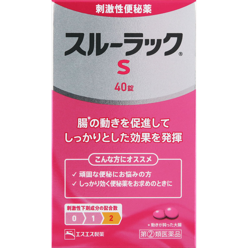 商品情報■　特徴●便秘とは、不規則な食事やストレスなどが原因となって、自然なお通じのために必要な、腸の動きが鈍っている状態のことをいいます。便秘が続くと、お腹がはったり、食欲がなくなったり、また、肌あれの原因となることもあります。 ●スルーラックSは、ビサコジルとセンノサイドカルシウムの2種類の成分が、鈍った腸の動きをたすけ、溜まった便をスムーズに排出する便秘薬です。 便秘の状態にあわせて、1~3錠の範囲内で、自分で服用量を調節できます。 ●有効成分が胃で溶けずに腸でしっかり効くよう、錠剤にコーティングを施してあります。■　使用上の注意■■してはいけないこと■■ (守らないと現在の症状が悪化したり、副作用が起こりやすくなります。) 1.本剤を服用している間は、次の医薬品を服用しないでください 他の瀉下薬(下剤) 2.授乳中の人は本剤を服用しないか、本剤を服用する場合は授乳を避けてください 3.大量に服用しないでください ■■相談すること■■ 1.次の人は服用前に医師、薬剤師又は登録販売者に相談してください (1)医師の治療を受けている人。 (2)妊婦又は妊娠していると思われる人。 (3)薬などによりアレルギー症状を起こしたことがある人。 (4)次の症状のある人。はげしい腹痛、吐き気・嘔吐 2.服用後、次の症状があらわれた場合は副作用の可能性があるので、直ちに服用を中止し、この説明書を持って医師、薬剤師又は登録販売者に相談してください 〔関係部位〕 〔症 状〕 皮 膚 : 発疹・発赤、かゆみ 消 化 器 : はげしい腹痛、吐き気・嘔吐 3.服用後、次の症状があらわれることがあるので、このような症状の持続又は増強が見られた場合には、服用を中止し、医師、薬剤師又は登録販売者に相談してください 下痢 4.1週間位服用しても症状がよくならない場合は服用を中止し、この説明書を持って医師、薬剤師又は登録販売者に相談してください ■　効能・効果○便秘 ○便秘にともなう次の症状の緩和:頭重、のぼせ、食欲不振(食欲減退)、肌あれ、吹出物、腹部膨満、腸内異常発酵、痔 ■　用法・用量次の1回量を1日1回、就寝前(または空腹時)に水又はぬるま湯で服用してください。ただし、初回は最小量を用い、便通の具合や状態をみながら少しずつ増量または減量してください。 〔 年 齢 〕 成人(15才以上) 〔1 回 量 〕 1~3錠 〔 年 齢 〕 15才未満 〔1 回 量 〕 服用しないこと ●空腹時の目安:食後なるべく2時間以上 （用法・用量に関連する注意） (1)用法・用量を厳守してください。 (2)本剤は腸溶錠ですので、かんだり、つぶしたりせずに、そのまま服用してください。また、制酸剤又は牛乳と同時に服用しないでください。 (3)錠剤の取り出し方 錠剤の入っているPTPシートの凸部を指先で強く押して裏面のアルミ箔を破り、取り出してお飲みください。(誤ってそのまま飲み込んだりすると食道粘膜に突き刺さるなど思わぬ事故につながります。) ■　成分・分量〔成 分〕 ビサコジル 〔1 錠 中〕 5mg 〔作 用〕 大腸粘膜に作用し、腸管のぜん動運動をたかめ、排便をうながし ます。 〔成 分〕 センノサイドカルシウム 〔1 錠 中〕 13.33mg(センノシドA・Bとして5.27mg) 〔作 用〕 生薬センナの有効成分で、大腸内の腸内細菌により代謝され、緩 下作用をあらわします。 添加物:カルメロースCa、セルロース、乳糖、白糖、ヒプロメロース、ヒプロメロースフタル酸エステル、ポビドン、マクロゴール、アラビアゴム、カオリン、炭酸Ca、カルナウバロウ、グリセリン脂肪酸エステル、ステアリン酸Mg、セラック、タルク、酸化チタン、バレイショデンプン、赤色2号、赤色3号 ○本剤の服用により、尿が橙色又は赤色をおびることがあります。 ■　保管及び取り扱いの注意(1)直射日光の当たらない湿気の少ない涼しい所に保管してください。 (2)小児の手の届かない所に保管してください。 (3)他の容器に入れ替えないでください。(誤用の原因になったり品質が変わることがあります。) (4)使用期限をすぎたものは服用しないでください。 ■　お問い合わせ先エスエス製薬株式会社 お客様相談室 〒103-8481 東京都中央区日本橋浜町2-12-4 0120-028-193 9時から17時30分まで(土、日、祝日を除く) ■　【広告文責】 会社名：株式会社ファーストアクロス 　花x花ドラッグ TEL：048-501-7440 メーカー：エスエス製薬株式会社 区分：日本製・第(2)類医薬品[医薬品・医薬部外品][便秘薬・浣腸][JAN: 4987300056202]