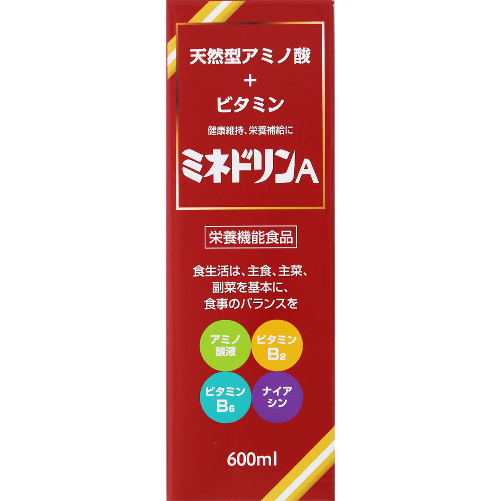 商品情報■ 特徴 天然型アミノ酸＋ビタミン 健康維持、栄養補給に アミノ酸液 ビタミンB2 ビタミンB6 ナイアシン 栄養機能食品（ビタミンB2、ビタミンB6、ナイアシン） ミネドリンAは、たんぱく質（脱脂粉乳とゼラチン）を分解したアミノ酸液を配合した栄養機能食品です。 表示成分 ＜原材料＞ 上白糖（国内製造）、アミノ酸液（乳成分、ゼラチンを含む）／カラメル色素、アルコール、酸味料（クエン酸）、保存料（安息香酸Na、パラベン）、ナイアシンアミド、パイナップルオイル、ビタミンB2、ビタミンB6 ＜栄養成分表示＞ 1日の摂取目安量（30mL）当たり エネルギー・・・39kcal たんぱく質・・・0.3g 脂質・・・0g 炭水化物・・・9.4g 食塩相当量・・・0.017g ビタミンB2・・・0.6mg ビタミンB6・・・1.2mg ナイアシン・・・7.6mg 栄養素等表示基準値;（18歳以上、基準熱量2200kcal）に占める割合 ビタミンB2：43％、ビタミンB6：92％、ナイアシン58％ 用法・用量/使用方法 ＜1日当たりの摂取量の目安＞ 1日あたり30mLを目安にお召し上がり下さい。 【広告文責】 会社名：株式会社ファーストアクロス 　花×花ドラッグ TEL：048-501-7440 区分：栄養機能食品 メーカー： 伊丹製薬株式会社