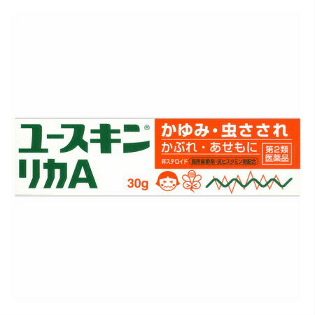 商品情報■　特徴鎮痒消炎剤 ユースキン リカAは ●虫さされ・かぶれ・皮ふ炎・しっしん・じんましんなどのかゆみに、素早く・すぐれた効き目の医薬品かゆみ止めクリームです。 ●親水性のクリームで、べたつかず、のびがよく、皮ふによく浸透し、使用感もさわやかです。 かぶれ・あせもに 非ステロイド 局所麻酔剤・抗ヒスタミン剤配合■　効能・効果かゆみ、皮ふ炎、しっしん、じんましん、かぶれ、あせも、しもやけ、虫さされ■　内容成分・成分量＜有効成分＞ 1g中 ジフェンヒドラミン・・・10mg （抗ヒスタミン作用により、かゆみを止めます。） グリチルレチン酸・・・10mg （炎症を抑えます。） 塩酸ジブカイン・・・5mg （局所麻酔作用により、かゆみを止めます。） dl-カンフル・・・20mg （清涼感を与え、かゆみを鎮めます。） l-メントール・・・30mg （清涼感を与え、かゆみを鎮めます。） 添加物として：プロピレングリコール、セタノール、パラフィン、流動パラフィン、ステアリン酸、ステアリン酸グリセリン、ポリオキシエチレンステアリルエーテル、ポリソルベート60、ステアリン酸ソルビタン、ステアリン酸ポリエチレングリコール、パラベン■　用法・用量患部を清潔にしてから、1日数回適量を塗布してください。■　ご注意ください■メール便発送の商品です■ こちらの商品はメール便で発送いたします。下記の内容をご確認下さい。 ・郵便受けへの投函にてお届けとなります。 ・代引きでのお届けはできません。 ・代金引換決済でご注文の場合はキャンセルとさせて頂きます。 ・配達日時の指定ができません。 ・紛失や破損時の補償はありません。 ・ご注文数が多い場合など、通常便でのお届けとなることがあります。 ご了承の上、ご注文下さい。■　【広告文責】 会社名：株式会社ファーストアクロス 　花x花ドラッグ TEL：048-501-7440 区分：日本製・第2類医薬品 メーカー：ユースキン製薬[医薬品・医薬部外品][皮膚薬][湿疹・かゆみ・かぶれ][第2類医薬品][JAN: 4987353751055]