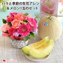 【マラソン×エントリー5倍】生花アレンジとメロン1玉バラと季節の花 おまかせ生花アレンジ Sサイズ&メロン フラワーアレンジメント 花 ギフト 誕生日 プレゼント フルーツ フラワーギフト お誕生日 お祝い お見舞い 快気祝い お供え 進物 お母さん おかあさん 義母