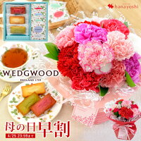 早割 母の日 プレゼント 花 ギフト 送料無料 そのまま飾れる花びん要らずの花束 そのままブーケ または生花アレンジ ＆ ウェッジウッド フィナンシェ＆ワイルドストロベリーティーバッグセット 5/4〜5/9の間にお届け カーネーション 花とスイーツ お菓子 母の日プレゼント