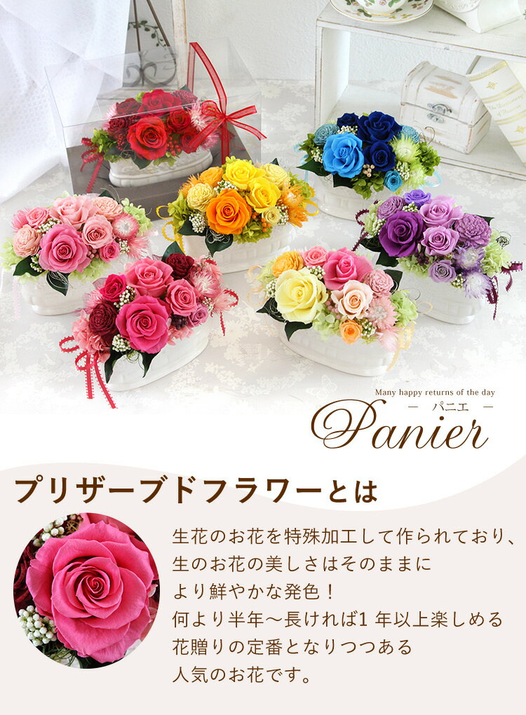 あす楽14時までの受付プリザーブドフラワー Panier パニエ ケース入り バラ アレンジメント 花 誕生日 プレゼント 女性 母 祖母 妻 敬老の日 ブリザードフラワー ギフト 結婚祝い 結婚記念日 開店祝い 開業祝い 退職祝い 還暦祝い お誕生日 お花 古希 喜寿 米寿 傘寿 祝い