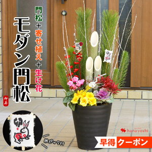 お正月 迎春 モダン門松 お花も入った寄せ植え仕立て 門松 玄関 寄せ植え お正月飾り モダン 花 正月飾り お歳暮 お年賀 ギフト 徳島産天然青竹使用 干支のうさぎピックプレゼント さらにお正月凧ピックに受け皿付