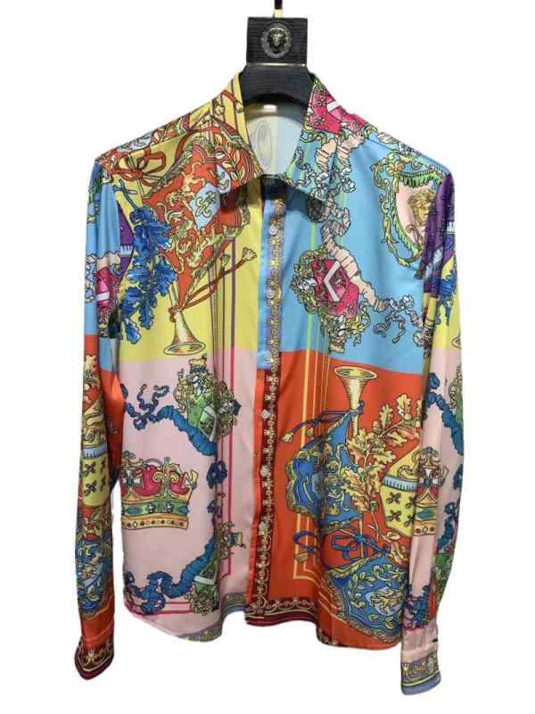 メンズ シャツ 大きめサイズ 紳士服 バロック プリント カジュアル 長袖 花柄 トップス 四色ブロック カラフル ポップ サーカス ピンク 水色 黄色 ストリート ヒップホップ 派手 柄