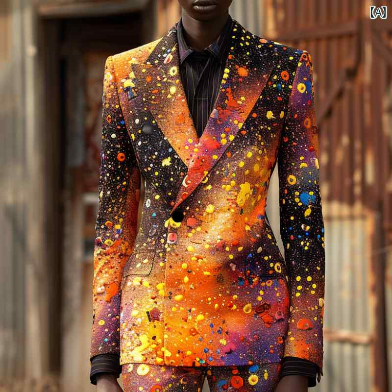 メンズ スーツ セットアップ 柄物 シングル プリント 立体感 衣装 春秋 クラブ パーティー ステージ パフォーマンス モダン アート トレンド ビジュアル エレガント おしゃれ