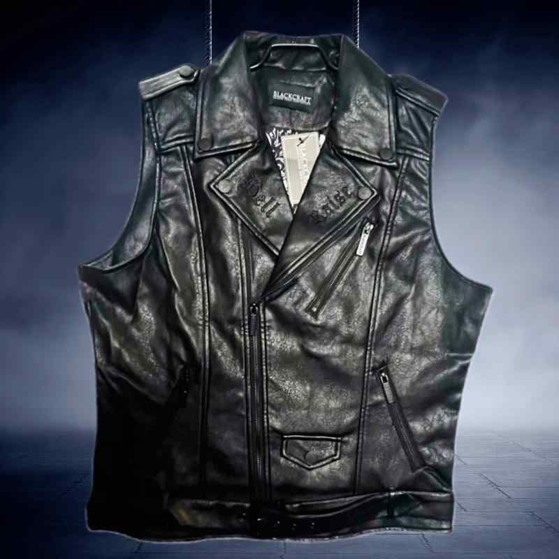 レザージャケット アメリカン ブラック メンズ ベスト 春 PU スリムフィット ジッパー ポケット アウトドア パンク ロック ヒップホップ 黒 トップス