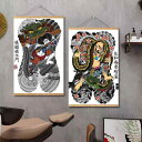 掛け軸 入れ墨 タトゥーショップ 刺青デザイン ポスター 掛け絵 壁掛け 作品パネル 壁面展示 店舗装飾 インテリア 事務所 任侠 ちょいワル 浮世絵 カラフル...
