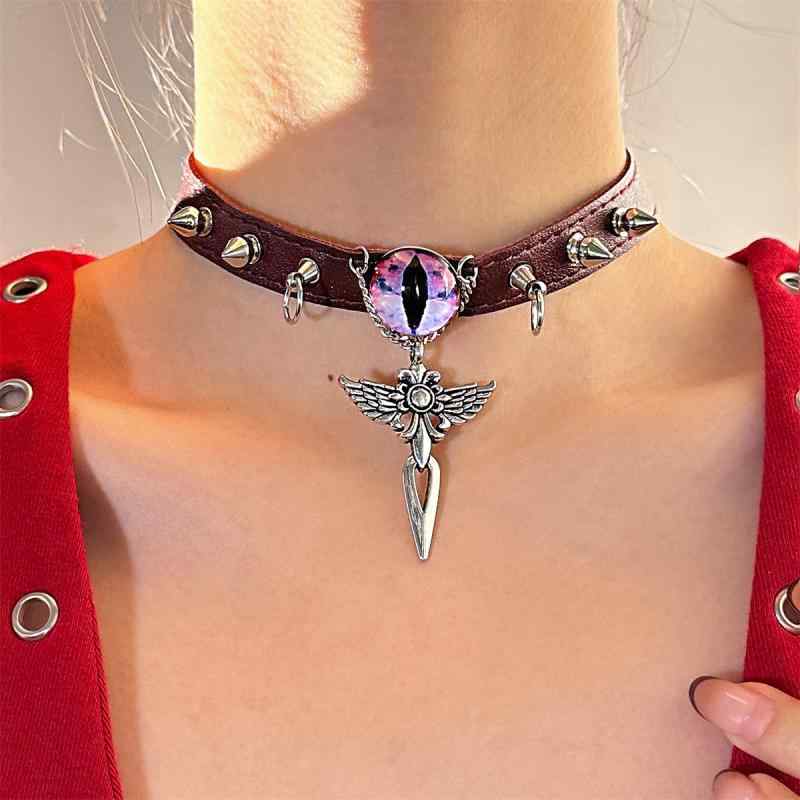チョーカー スタッズ ネックレス アクセサリー おしゃれ 首輪 カジュアル パンク パープル 悪魔の目 ウィング レトロ PUレザー サブカル デビルアイ