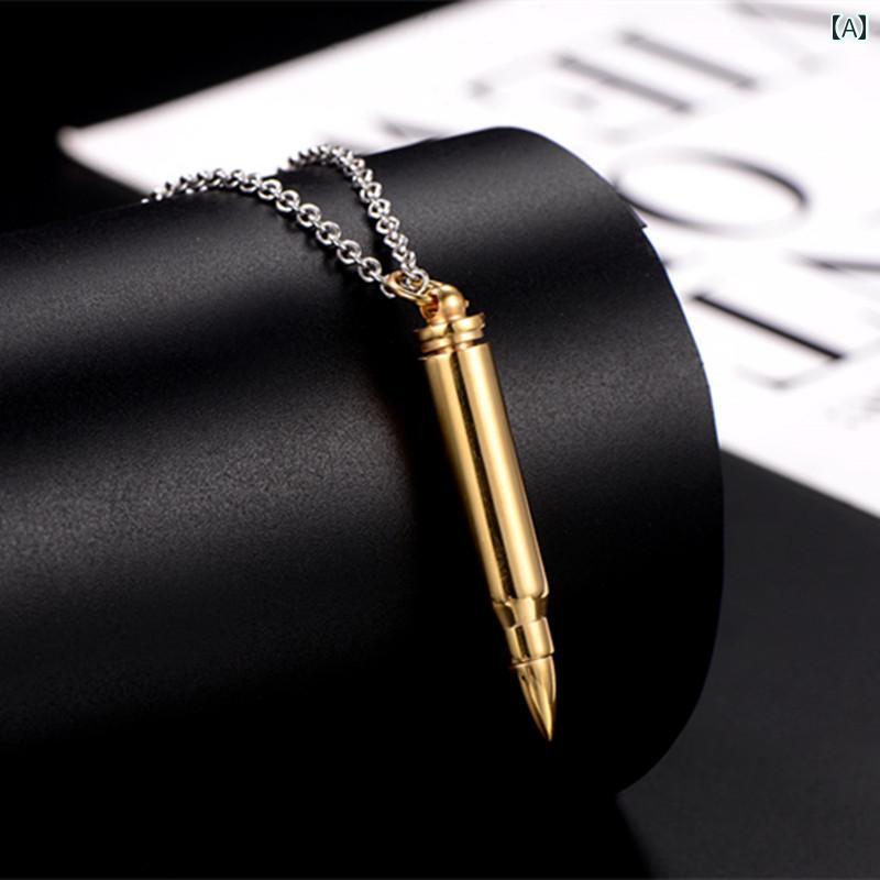 楽天Hanbok Homeネックレス 弾丸 ペンダント ゴールド ブラック シルバー チェーン ミリタリー ロケット型 チタン 光沢 アクセサリー メンズ プレゼント ギフト クール 護身 シンプル