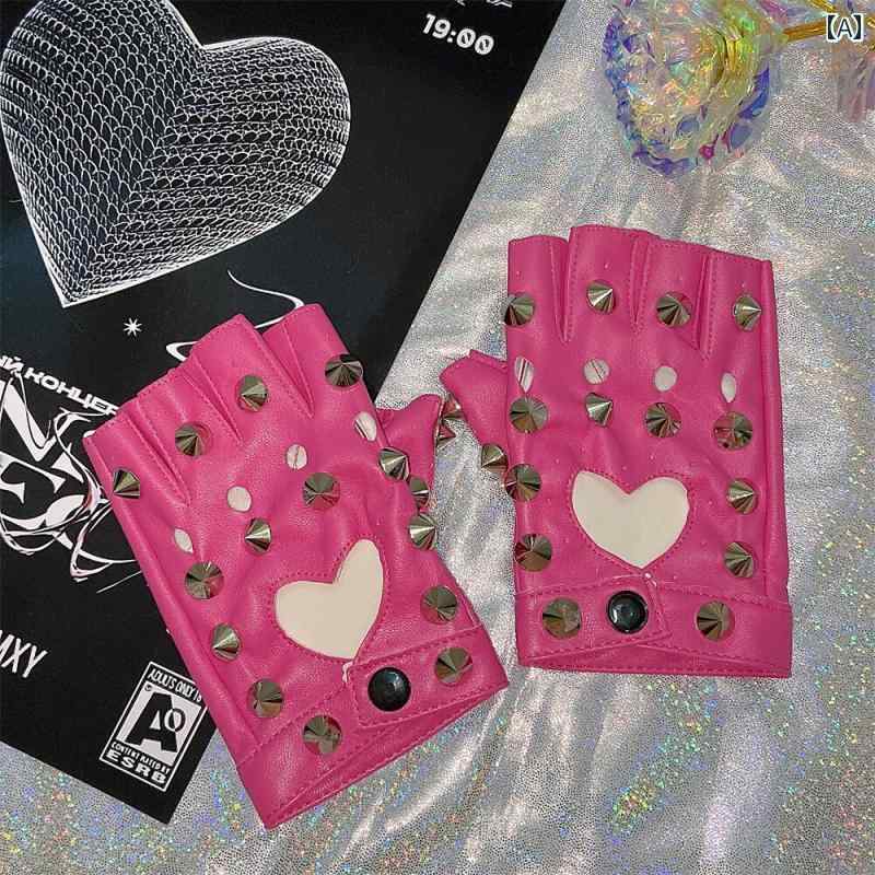 ハーフフィンガー グローブ ユニセックス スタッズ Y2K ファッションアイテム PU コスチューム かわいい インスタ映え 革 ハート メンズ レディース パ...