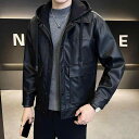 革ジャン ライダースジャケット 上着 アウター おしゃれ ファッション メンズ フェイクツーピース PUレザー 秋冬 カジュアル フード付き 大きいサイズ 防風(4)