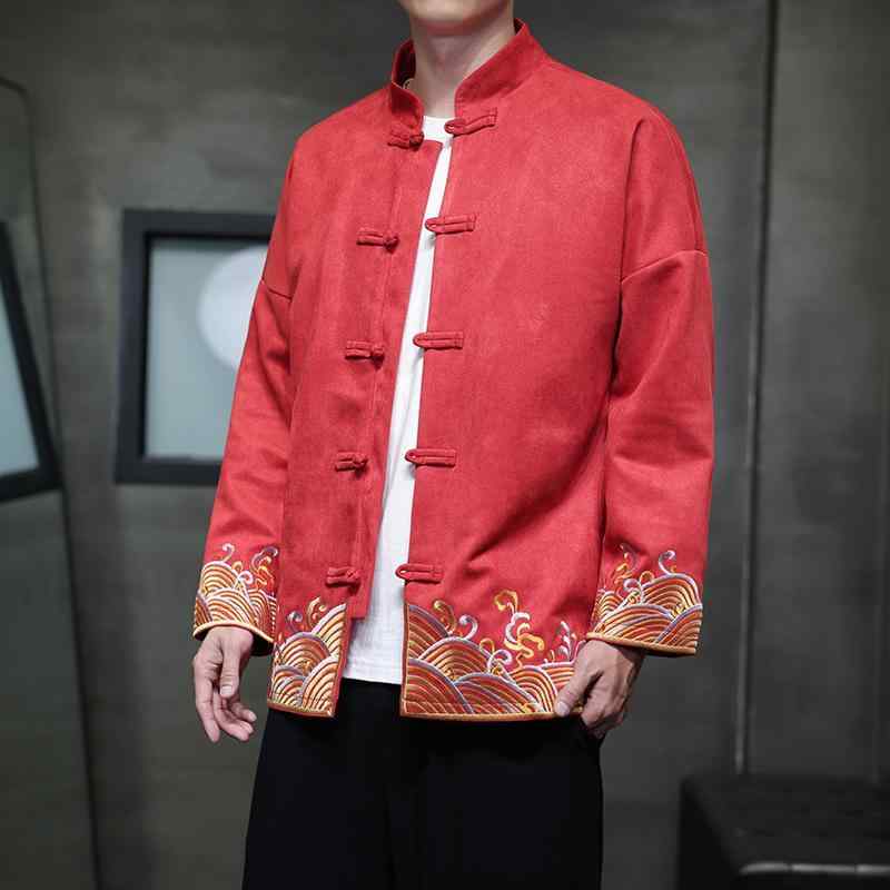 チャイナ風 ドラゴン 刺繍 ジャケット レトロ 赤 黒 ボタン 唐装 メンズ パーティー 新年 中国 鹿革 伝統的 トラディショナル チャイニーズ ファッション