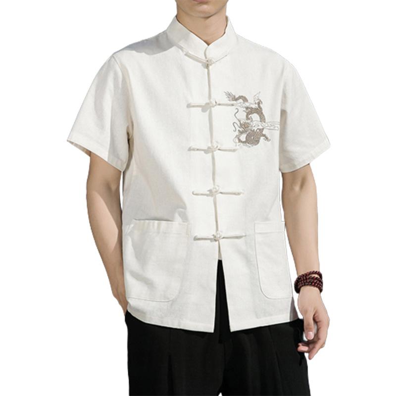 チャイナ風 トップス ドラゴン 龍 夏 刺繍 太極拳 シャツ メンズ 半袖 薄手 伝統 通気性 唐装 エスニック