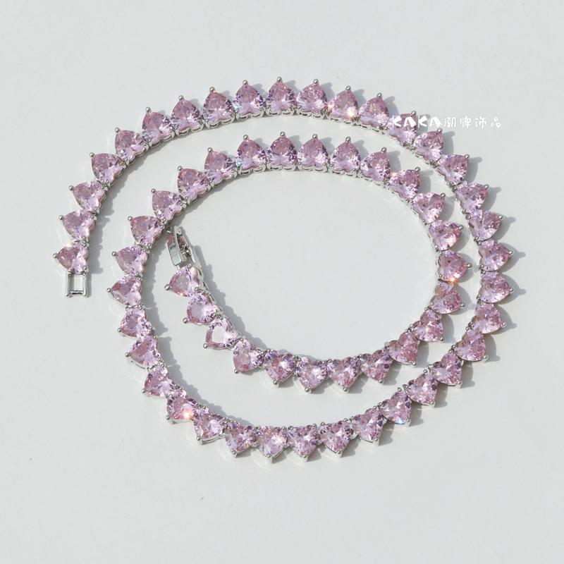 ネックレス ラブリー 桃色 ピンク 愛 ハート型 ジルコニア ヒップホップ ビジュー ラインストーン キラ..