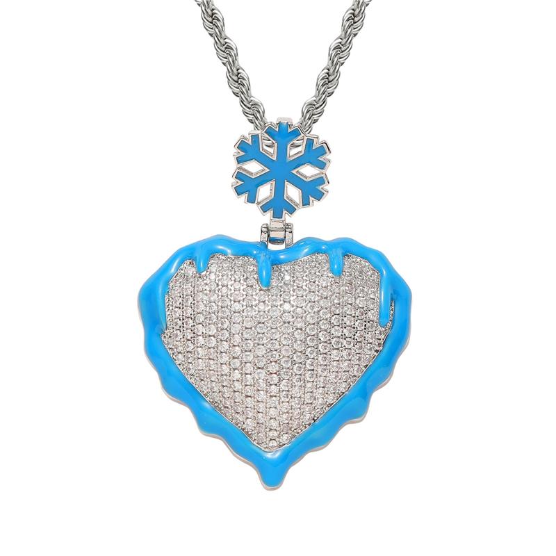 ヒップホップ ネックレス キラキラ ラインストーン ハート型 水色 雪 結晶 氷 冬 ローライダー フロー..