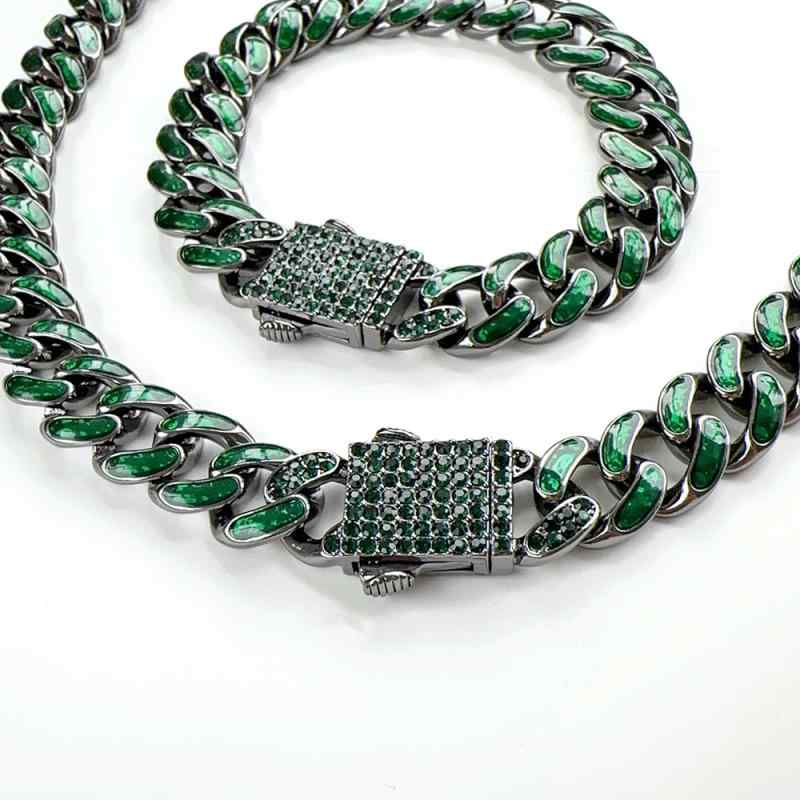 ネックレス ヒップホップ 高級感 ダークグリーン ラインストーン ショート チェーン ラッパー ブレスレット キューバチェーン ファッション アクセント アクセサリー B系 ストリート