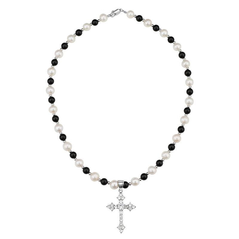 楽天Hanbok Home十字架 クロス ネックレス ペンダント パール 黒 メノウ イミテーション ヒップホップ メンズ レディース チェーン アクセサリー ファッション