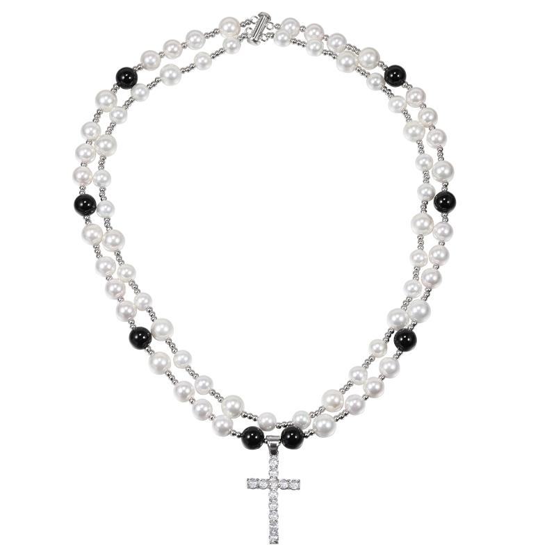 楽天Hanbok Home十字架 クロス ネックレス ペンダント 二連 パール ビーズ パール イミテーション メンズ レディース ヒップホップ レトロ チェーン アクセサリー