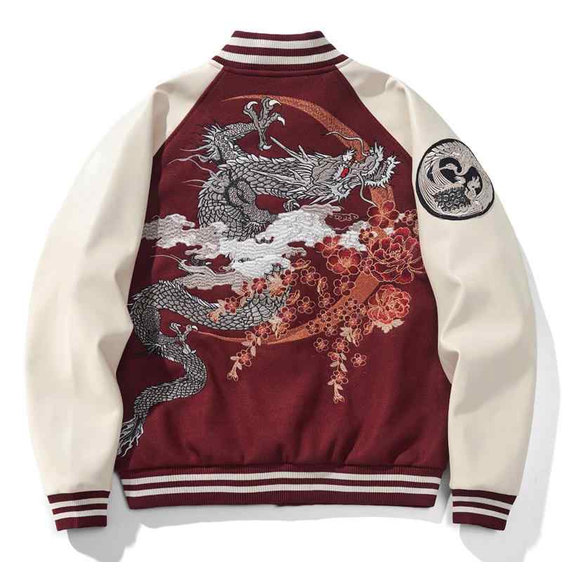 スカジャン スタジャン 派手 和柄 派手色 赤 ワインレッド 梅 刺繍 ジャケット ゴールド 竜 龍 ドラゴ..